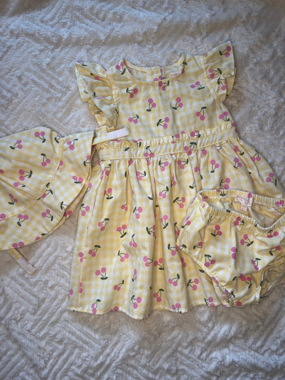 Yellow Gingham Cherry Print Girls' Dress with Matching Hat and Bloomers